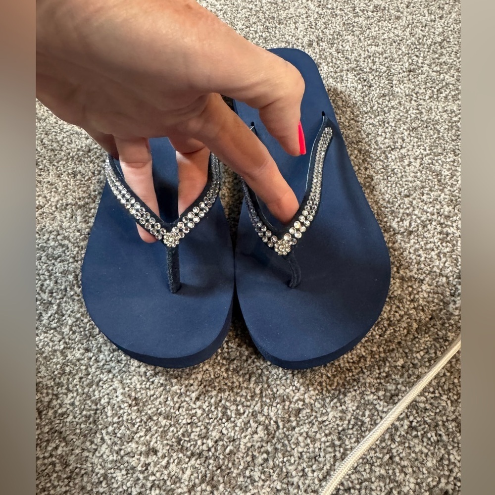 Yellow Box Sandals Jello Wedge Navy Rhinestone Flip Flop Women’s Sandal Sz 9.5